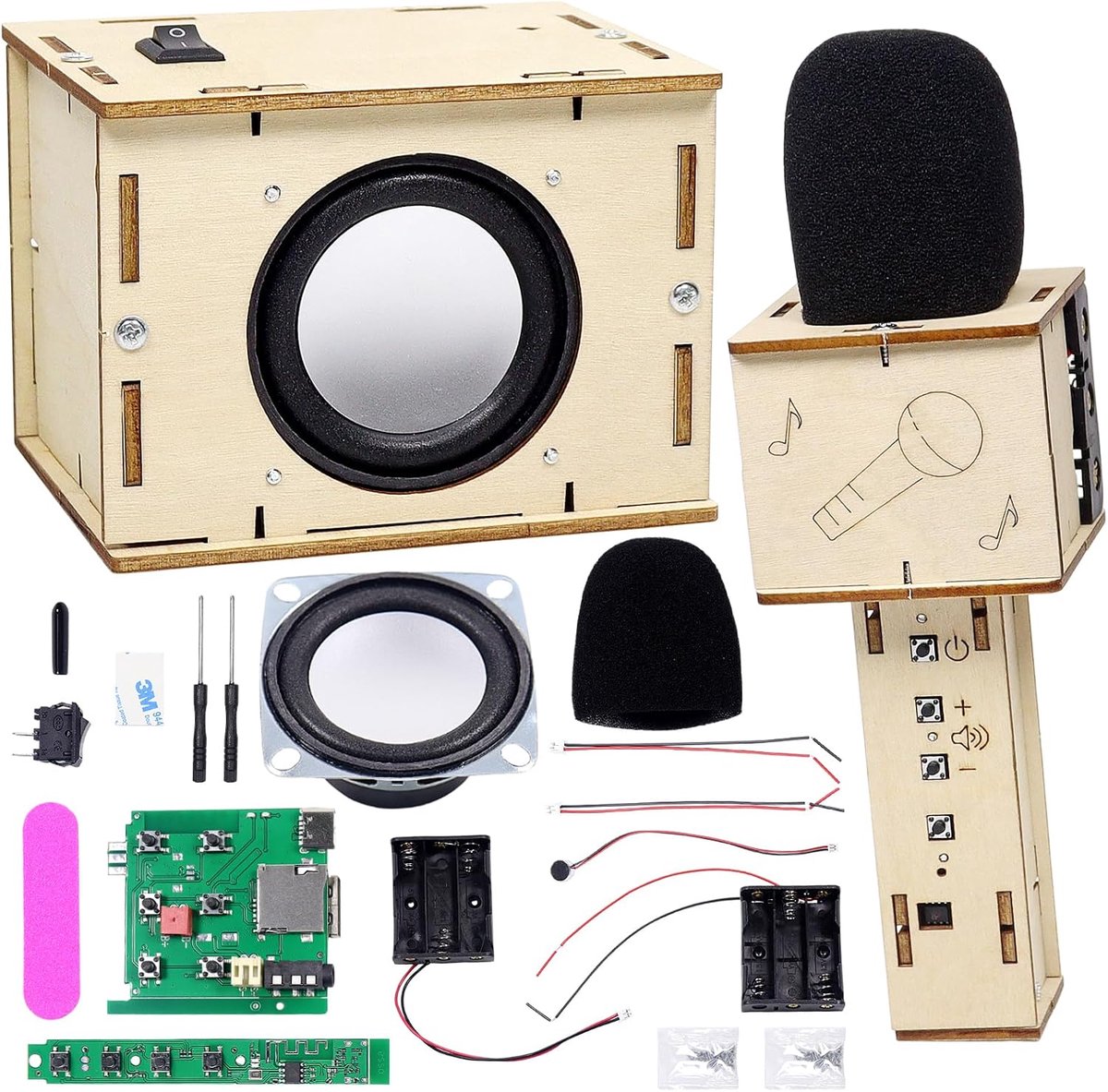 bluetooth-luidspreker- en microfoonset, karaoke-machine, elektronica-bouwset, bluetooth-luidsprekerset, doe-het-zelf kits, hout, wetenschap, STEM-experimenten, cadeau voor tieners vanaf
