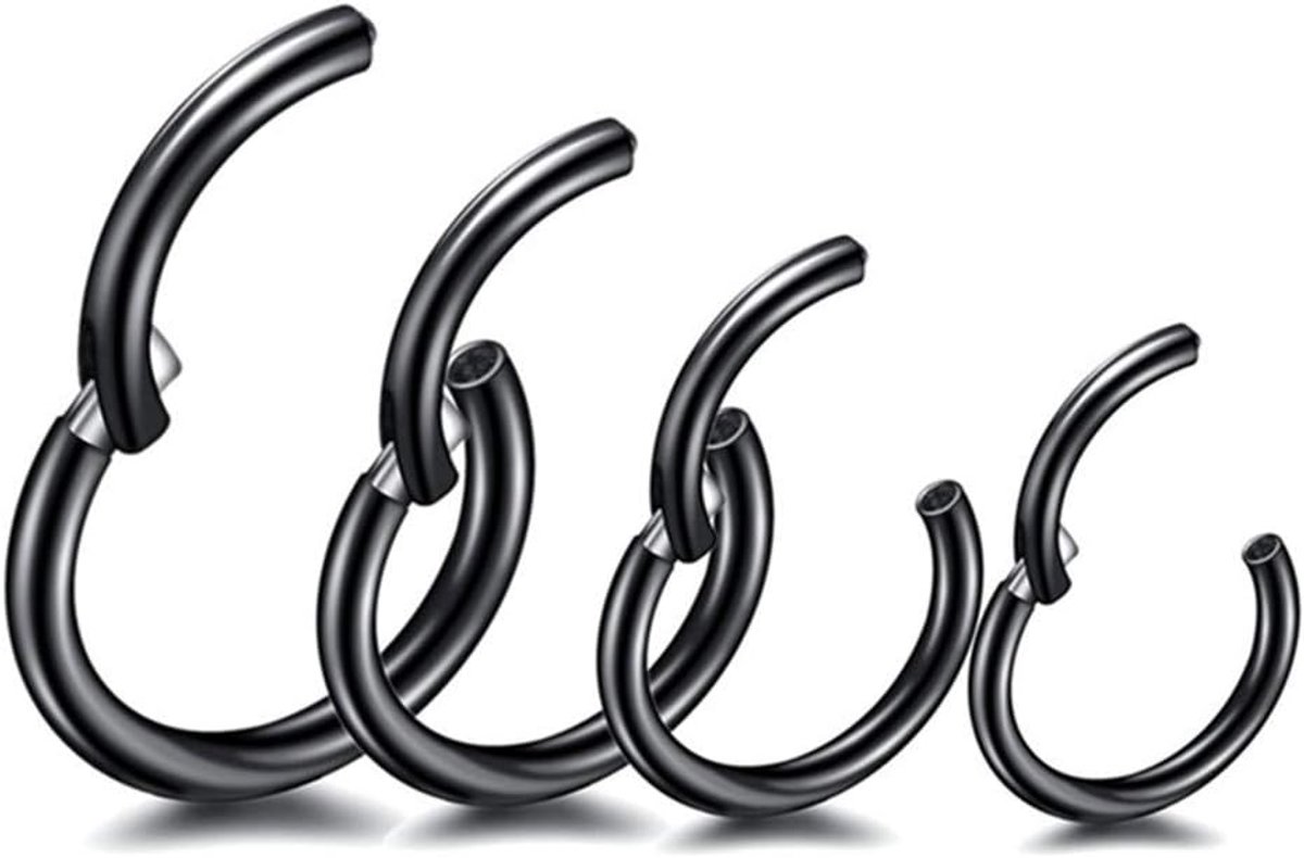 4 stuks 6/8/10/12 mm 16G roestvrij stalen neusringen zwart dame heren septum clicker ring set voor mannen en vrouwen, Roestvrij staal