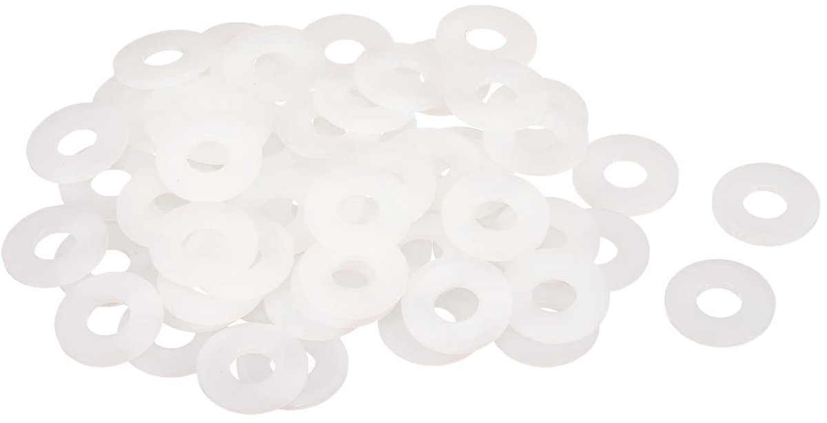 Platte sluitringen van nylon, M10, 10 mm, diameter 25 mm, dikte 2 mm, gladde sluitringen, kunststof rubberen sluitringen, afdichtring, wit