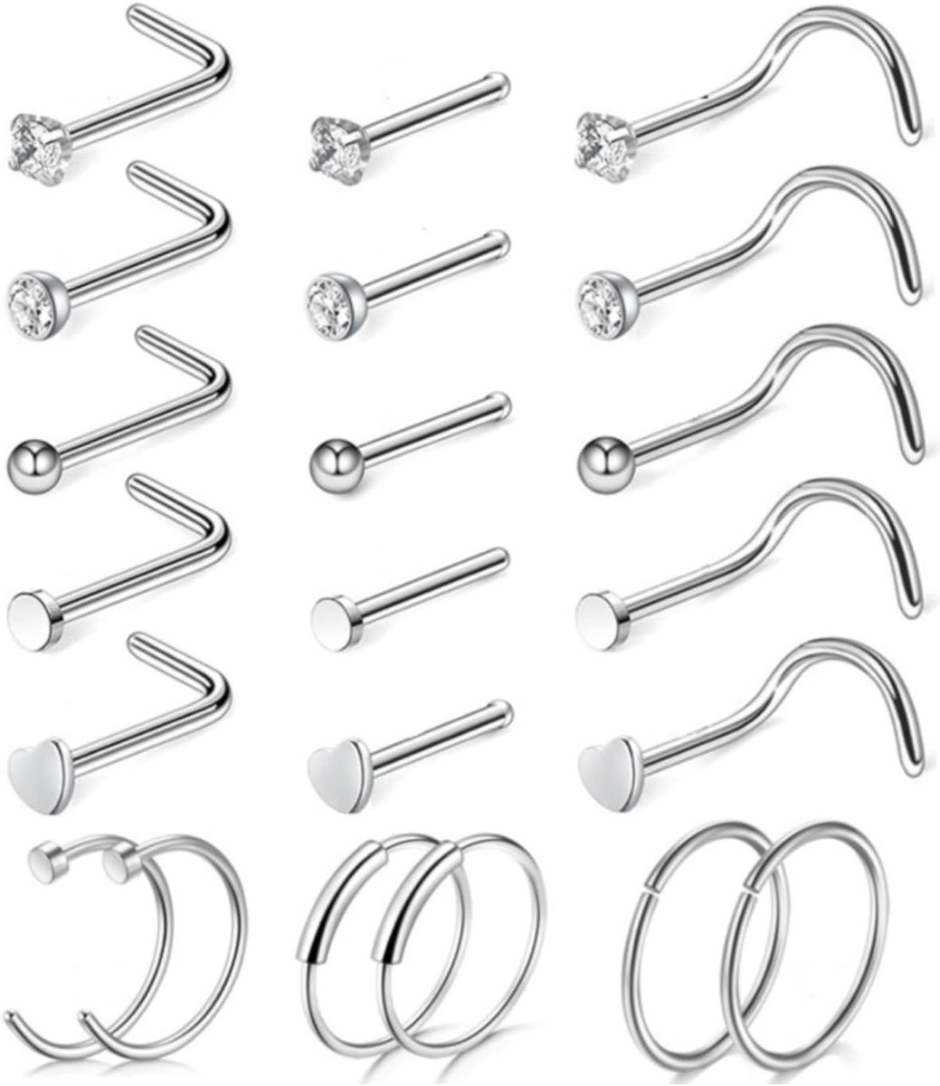 21 stuks neuspiercing neusring, 316L CZ chirurgisch staal, dames en heren, zilver