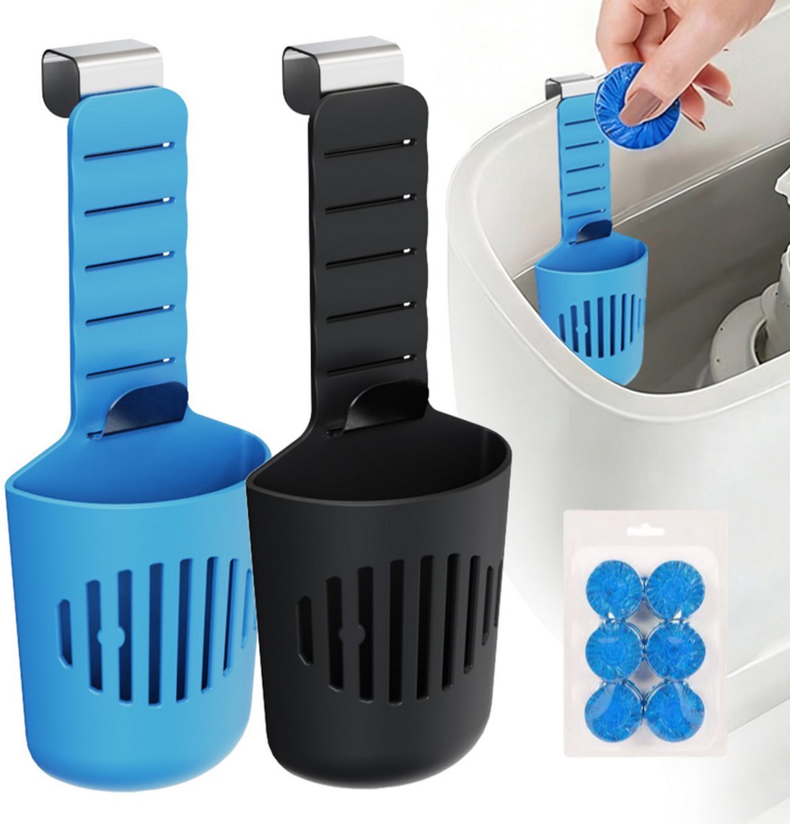 Casalora Toiletblokjes Inbouwreservoir Tablethouder en 6 WC Blokje - Siliconen Houder voor Reinigingstabletten - Hangende Doseerhouder met RVS Haken - Geschikt voor Waterniveau tot 18 cm - Blauw + Zwart