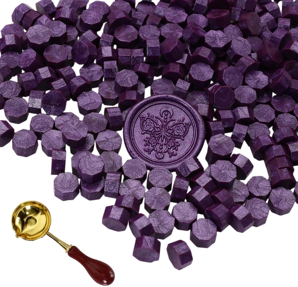 300 stuks zegellakkralen met smeltlepel, paarse achthoekige waszegelset voor stempels, brieven, uitnodigingen, kaarten, enveloppen, cadeauverpakking, bruiloft, knutselen