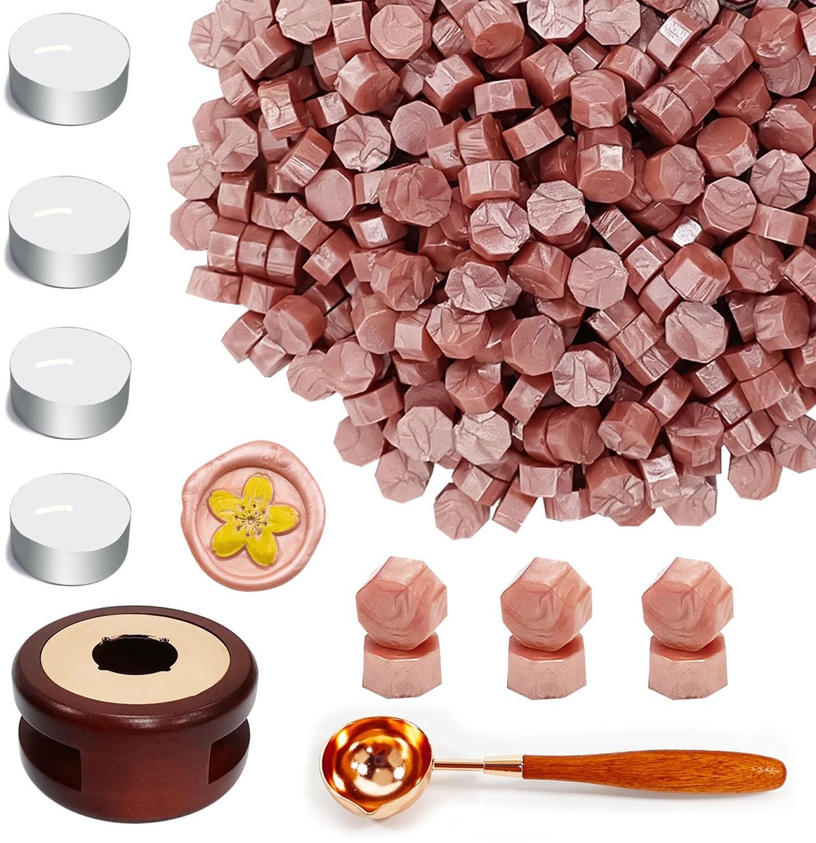 Wax-zegelkralenset met 400 stuks roségouden waxzegelparels, waxzegelwarmer, smeltlepel, 4 stuks kaarsen, waszegelkit voor bruiloftsuitnodigingen