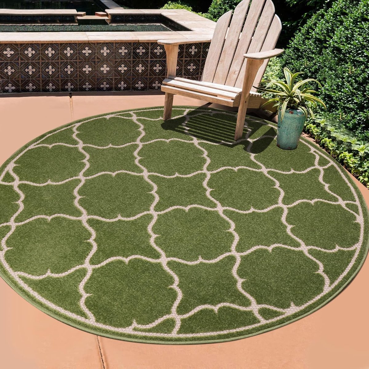 Outdoortapijt, weerbestendig, tapijt voor binnen en buiten, balkon, waterafstotend, vloerkleden voor terras, tuin, keuken, badkamer of woonkamer, groen, 200 cm rond
