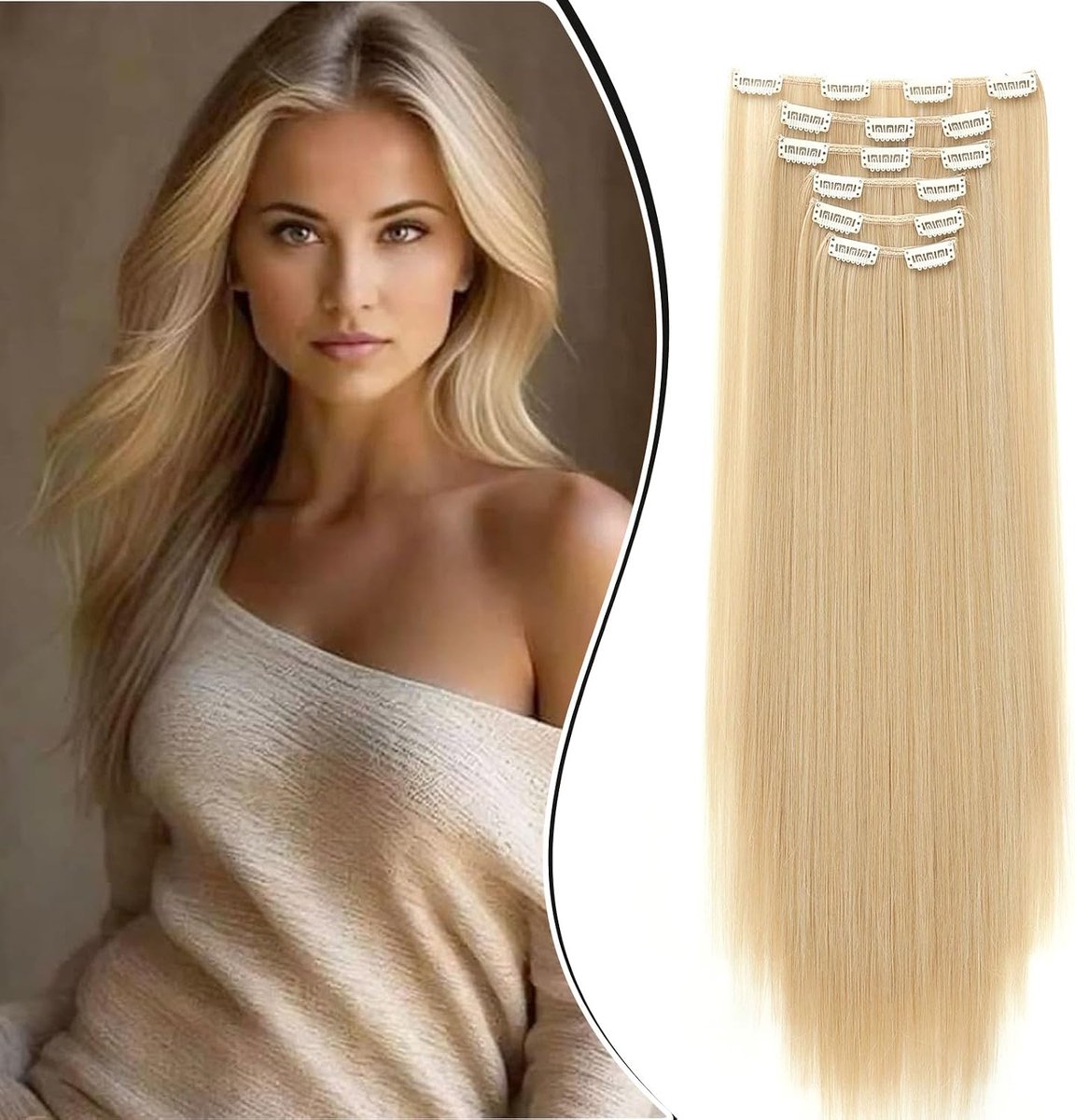 Clip in Extensies Haarstukje Haarverlenging Recht 6PCS 58cm Clip in Haarextensies Zoals Echt Haar Goedkope Synthetische Lang, Natuurlijk Blond mix Bleek Blond
