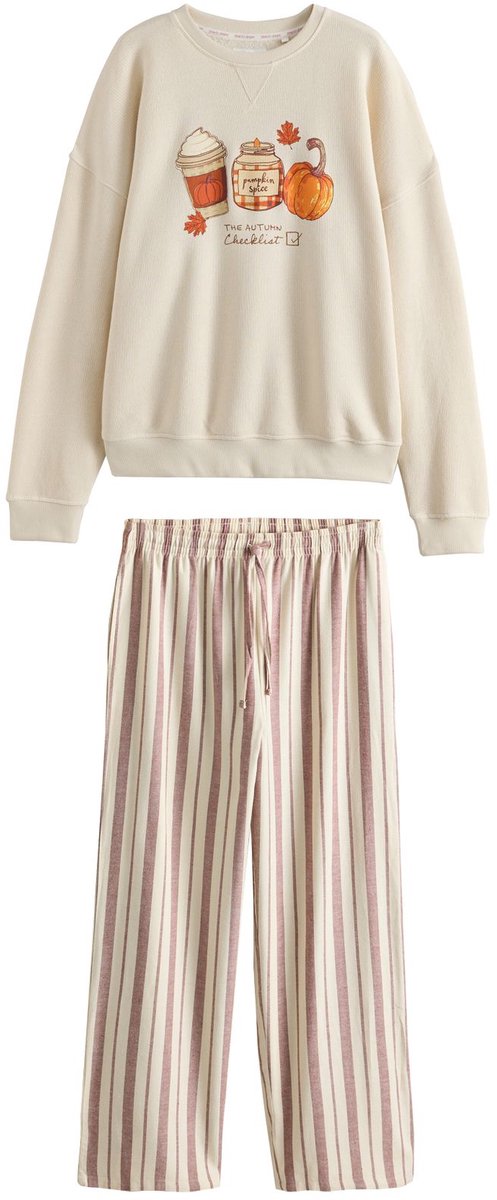 Next Dames - Set van petite sweatshirt en broek van flanel - Petite - Crème Oatmeal Autumnal
