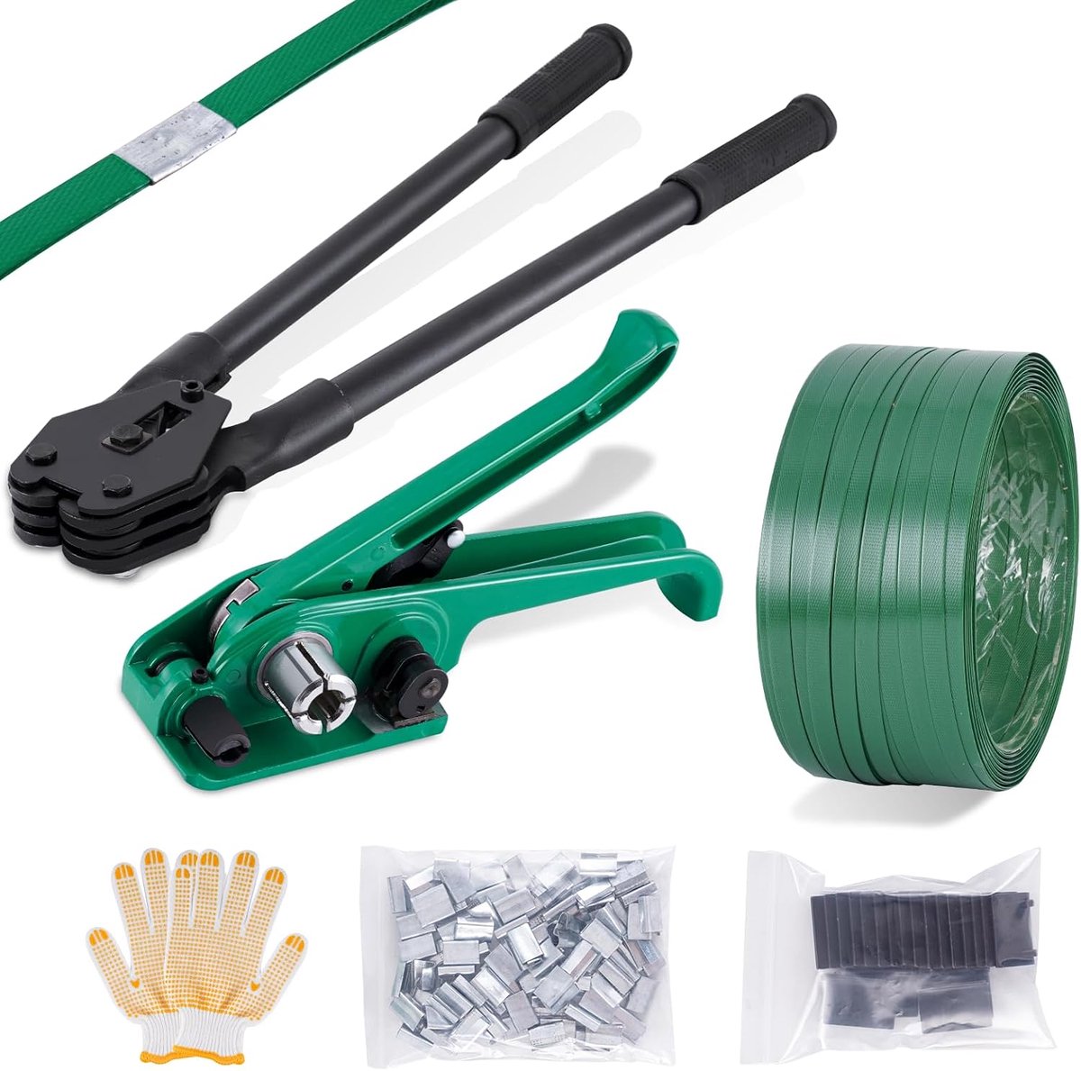 Omsnoeringsgereedschapset 12-19 mm Heavy Duty Pallet Omsnoeringsgereedschap Kit Handmatige Omsnoeringsset Omsnoeringsbandgereedschap (200 M PET Band, 100 gespen, 20 verpakkingshoeken