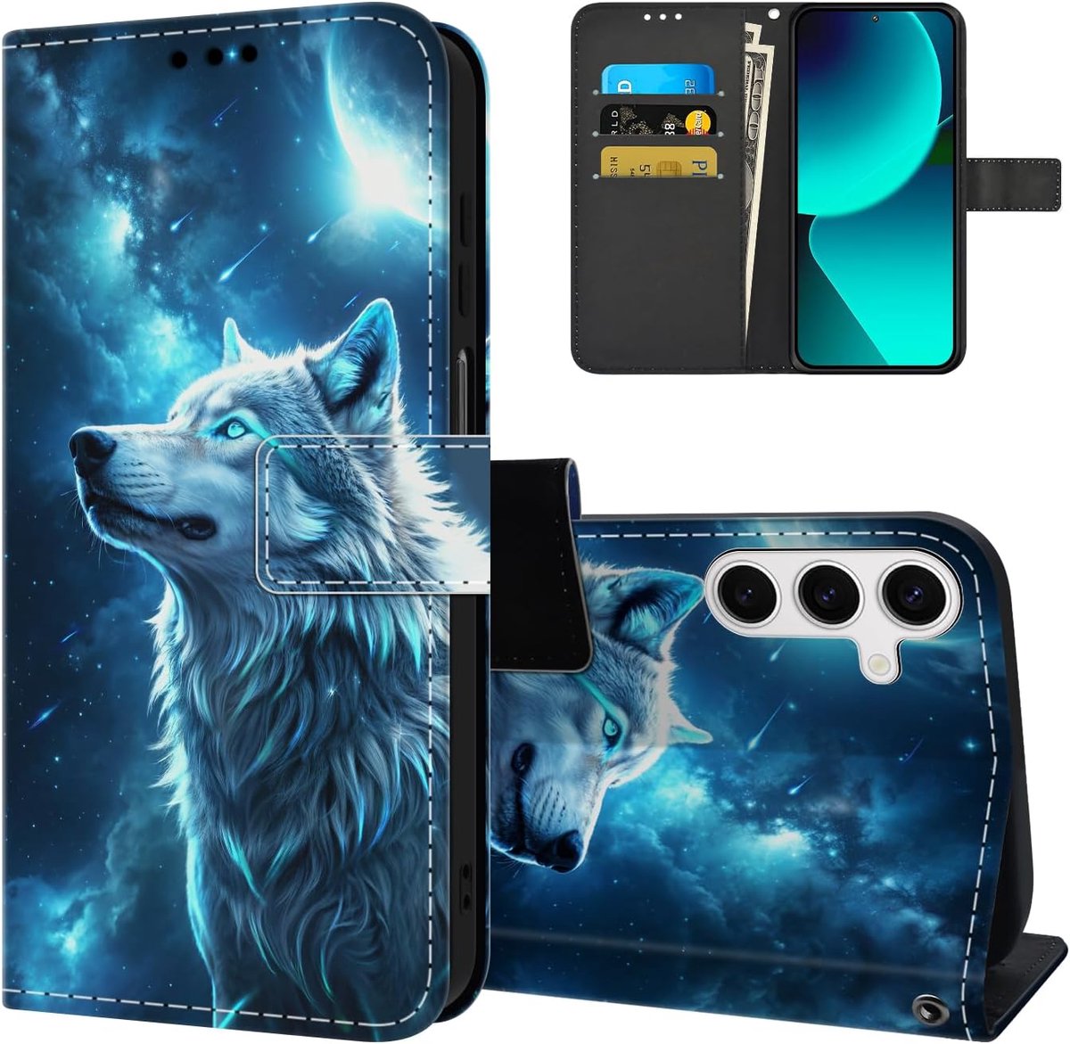 Telefoonhoesje voor Samsung Galaxy A36 5G, premium PU-leren klaphoes met motief, beschermhoes, magneetsluiting, kaartenvak, standfunctie, flip case, telefoonhoes voor Samsung A36 5G, Wolf A