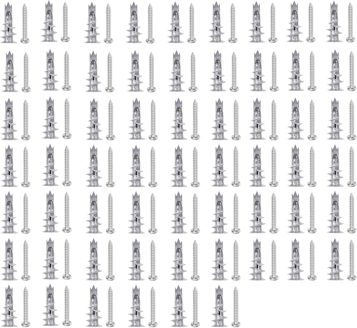 60 stuks zelfborende gipsplaatpluggen met 50 schroeven, constructie van verzinkt staal, zelftappend design, corrosiebestendig voor beton, gipsplaat, metselwerk (zilver-60)