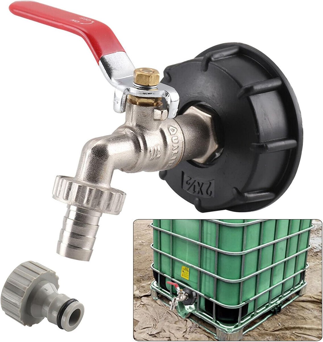 Afvoertankadapter voor tuinkraan van messing met slangaansluiting, tankaansluiting 1000 liter, 12,7 mm