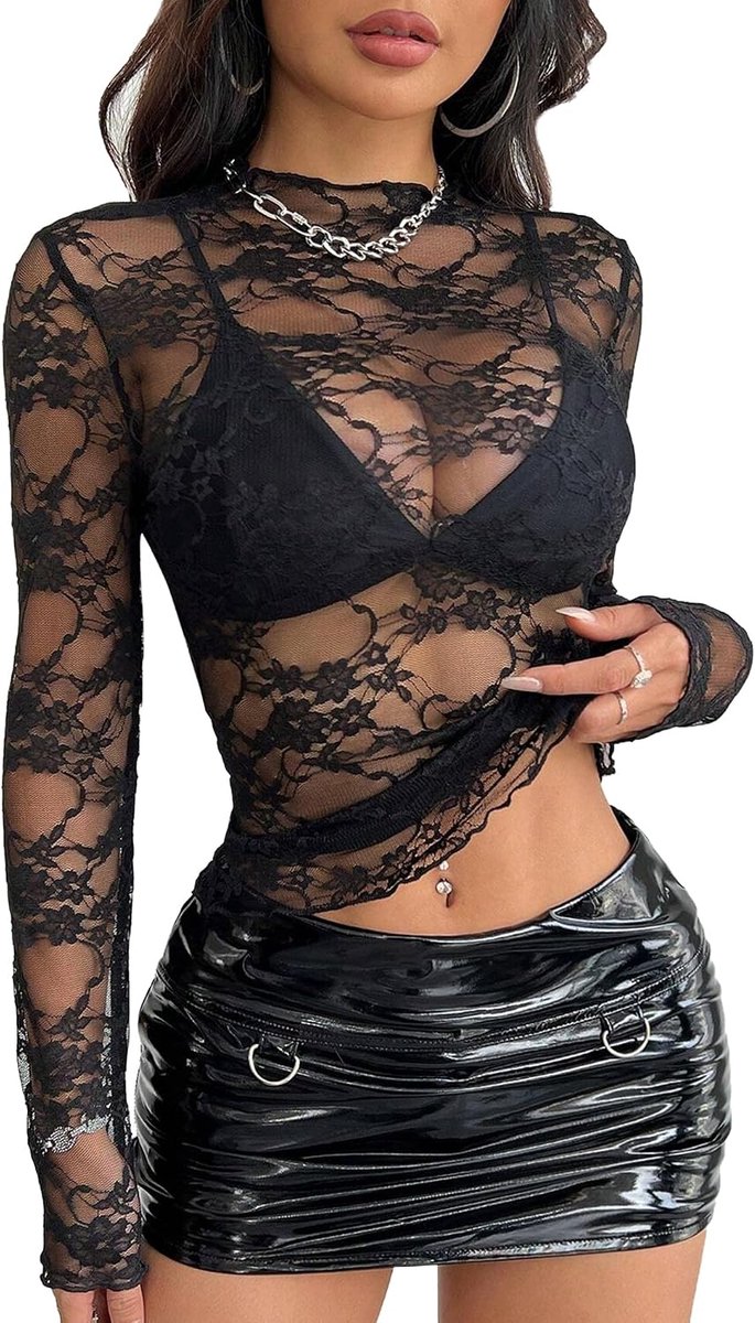 Dames nettops transparant lange mouwen kant transparante top tuniek kant bloemen clubwear maat S-XXL