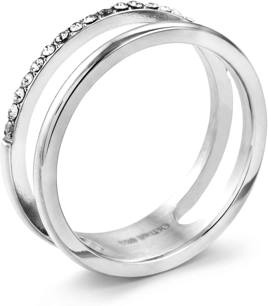 Meditoys · Ring van roestvrij staal voor dames · opvallende dubbele ring van roestvrij staal met kristallen steentjes rondom