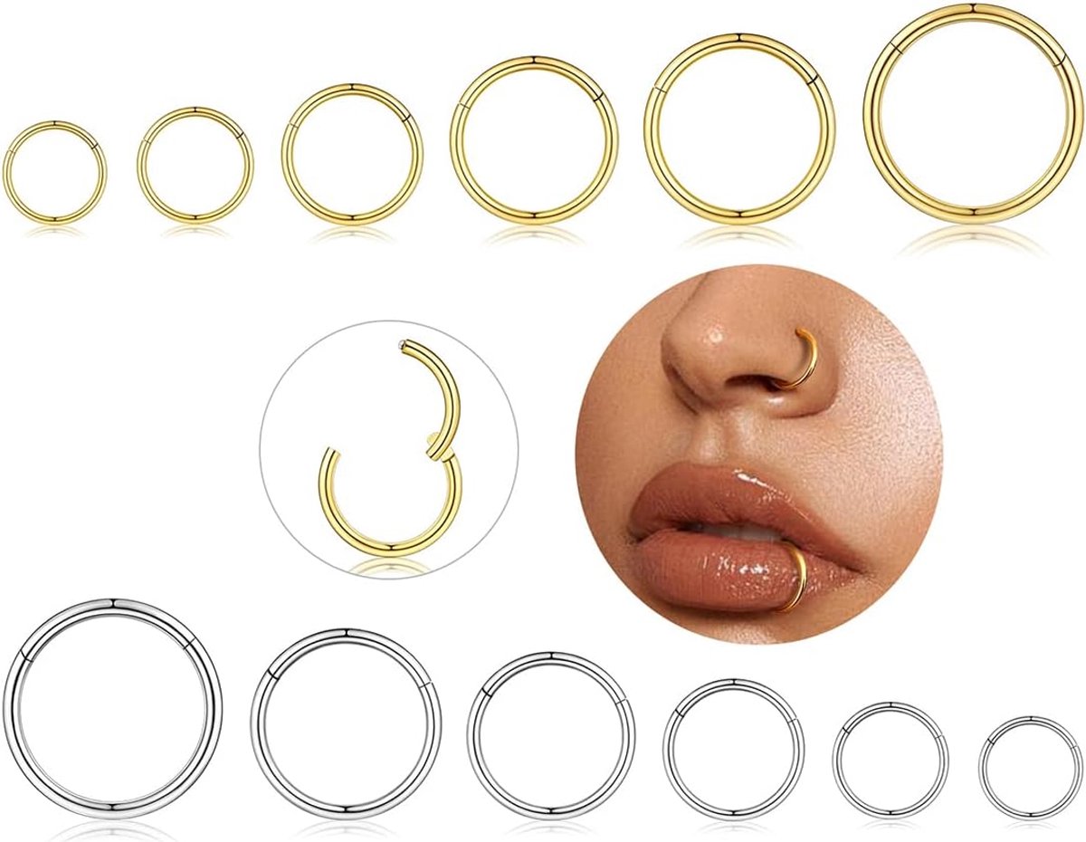 Neuspiercing, hoepels, 12 stuks, 16G, 18G, 20G, neusringen, septum, clicker, kraakbeen-piercing, oor voor dames en heren, 6 mm/7 mm/8 mm/9 mm/10 mm/12 mm