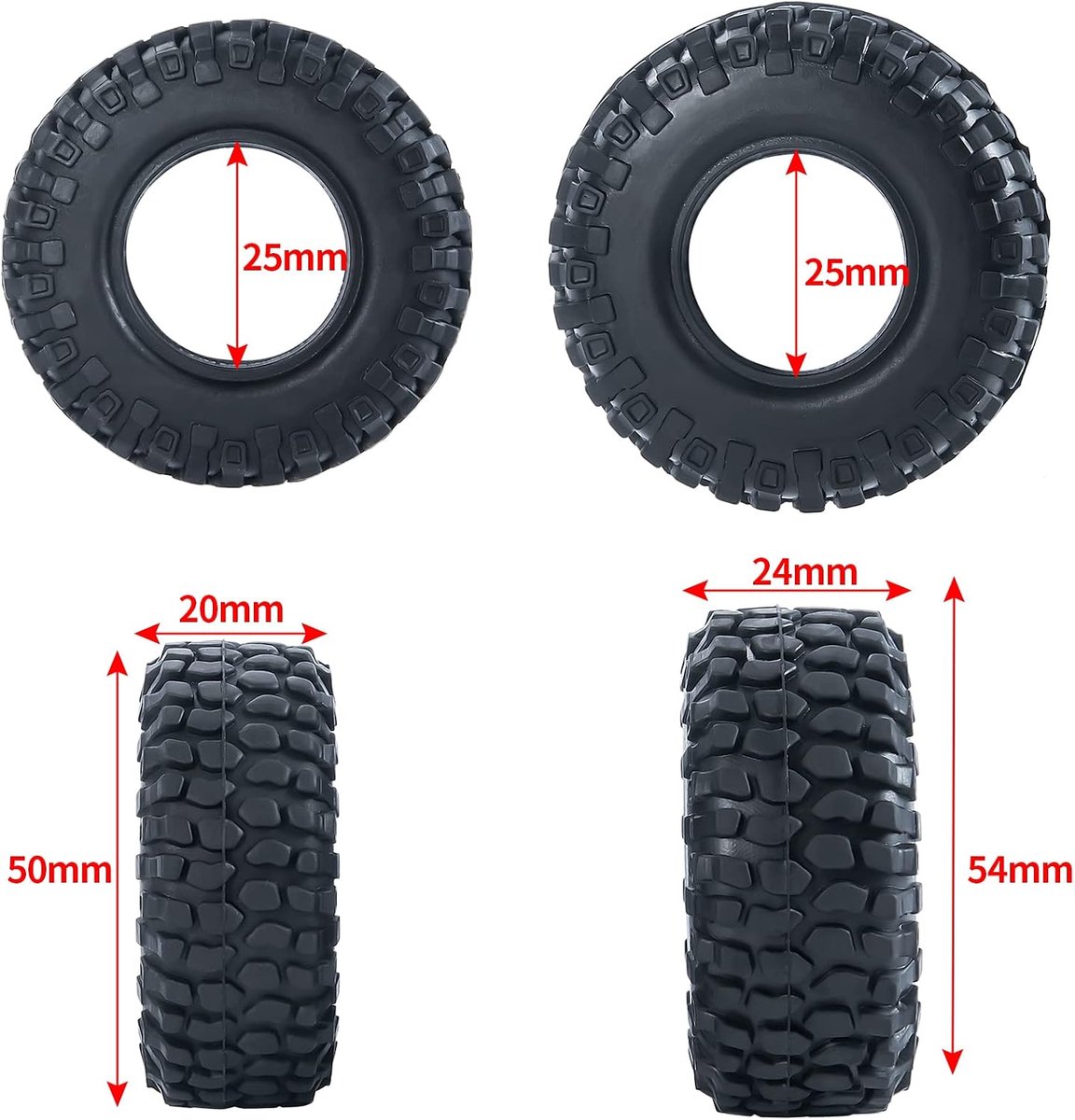 1.0 zachte rubberen crawler autobanden 4 stuks voor alle 1/24 Axial SCX24 AXI00001, AXI00002, AXI00005, AXI90081 Deadbolt RC Crawler Truck Car (50mm)