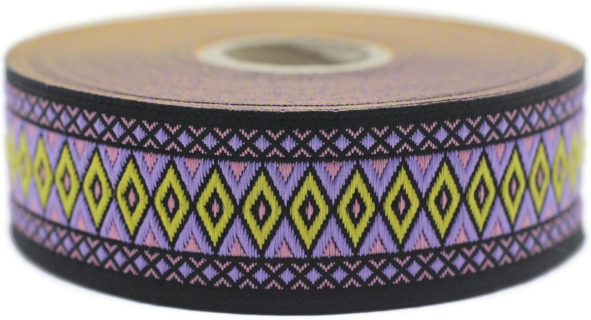 Jacquard Lint Weeft Paars en Geel Vibrerende Ruit 10 m x 28 mm - Rollen Borduurband voor Naaien Decoratie 28119-V3