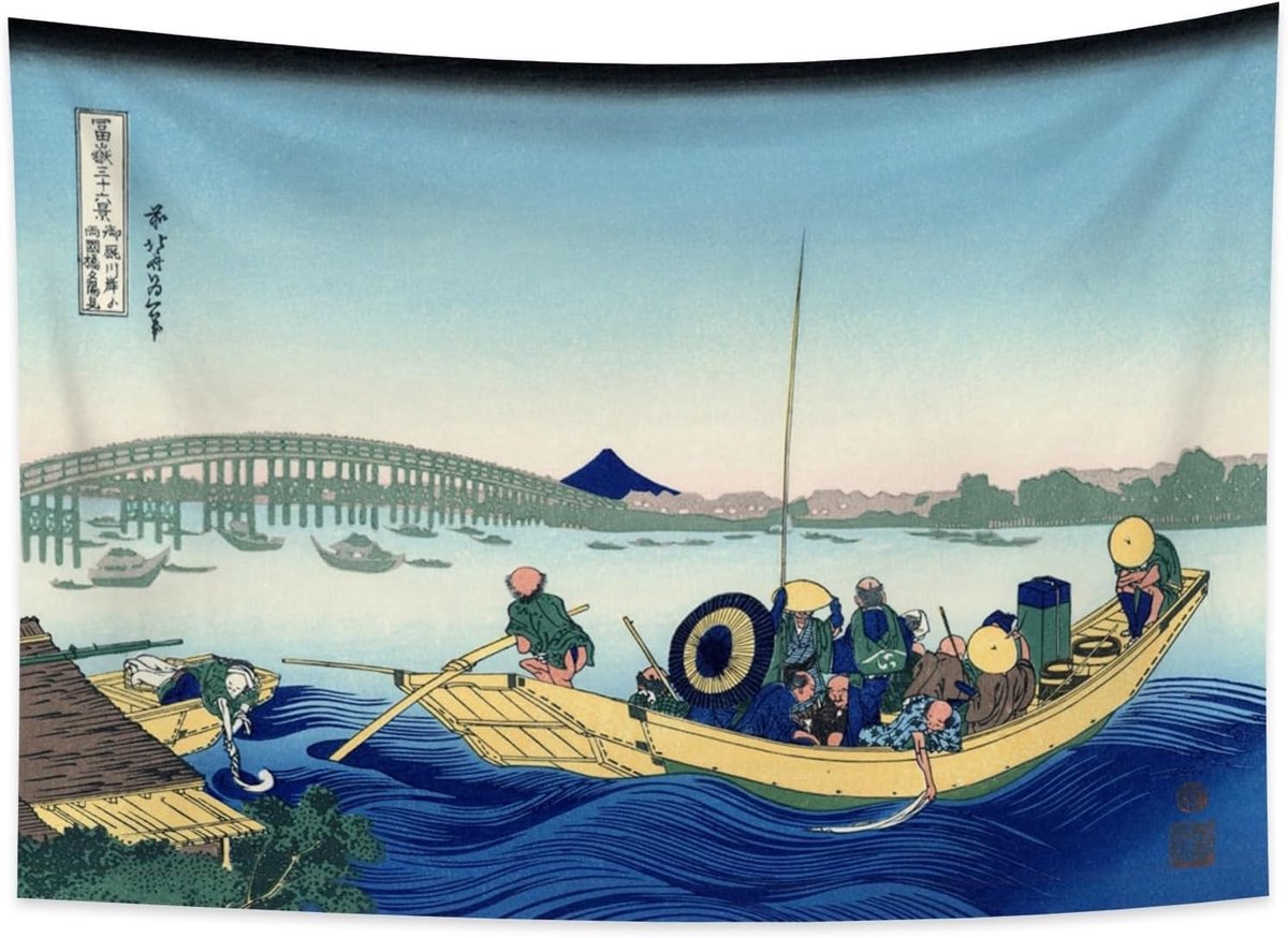 100x70cm Ukiyo-e Tapijtwerk Mount Fuji 36 weergaven Kamer Wandkleden Zonsondergang Over de brug van The River Bank Landschap Muur kunst Japans Traditioneel Schilderen Toyo-stijl Wandtapijten
