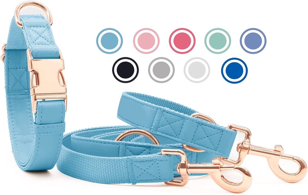lederen hondenhalsband en riem (2 m) set - 3-voudig verstelbare hondenriem met halsband, stijlvolle roségouden metalen gesp & nylon hondenriem voor puppy's kleine middelgrote honden lichtblauw M