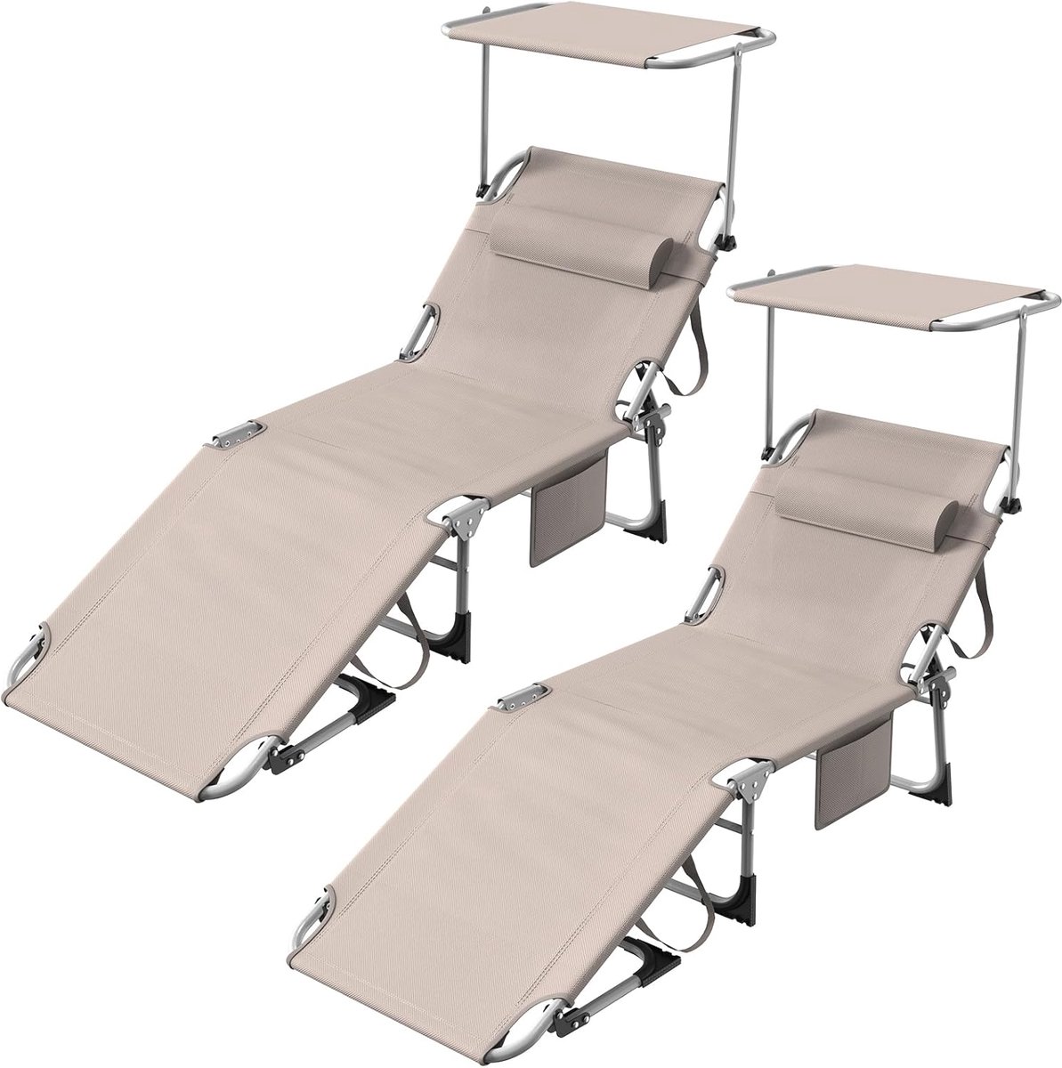 Zonneligstoel, inklapbaar, ligstoel met dak, ligstoel met 4-voudig verstelbare rugleuning en hoofdkussen, draagbare outdoor campingstoel, tot 150 kg belastbaar, strandstoel, relaxstoel, kaki