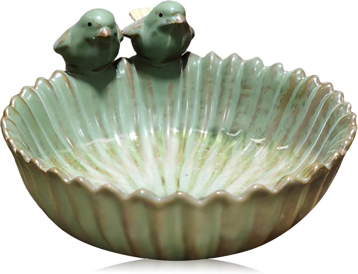 Vogelbad, winterbestendig, keramiek, rond, vorstbestendig, groot, met 2 decoratieve vogels, voederschaal, voor wilde vogels (groen)