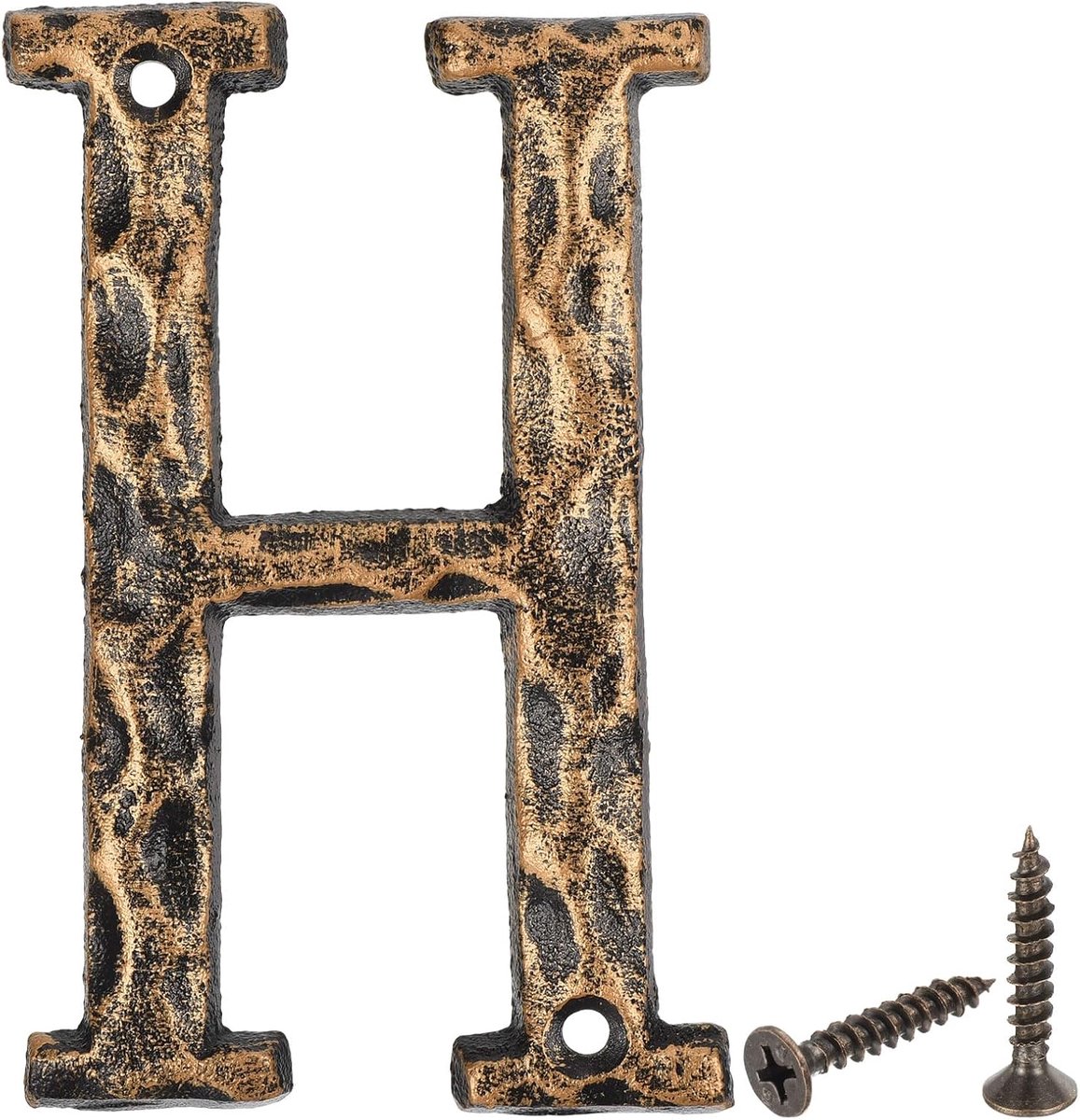 Huisdeur adresletters, 14 cm, gietijzer, vintage wandletter, H, buitenletters voor op straat, kantoor, brievenbusbord, zwart en goud
