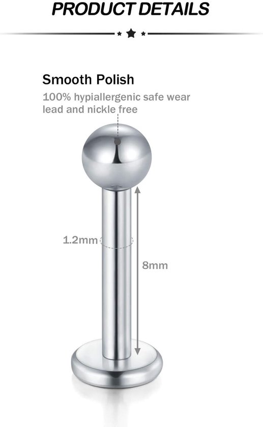 5 paar (10 stuks) 16G chirurgisch staal lippiercing labret monroe ring tragus helix piercings oorbellen stud sieraden 6-14mm — afbeelding 4