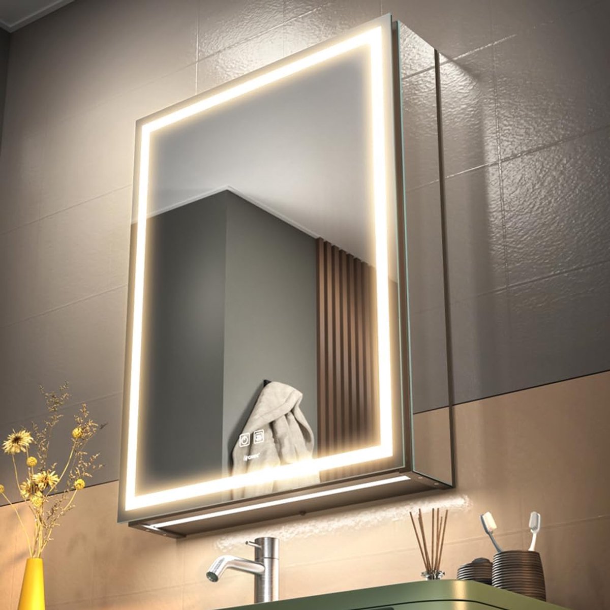 Led-verlichte badkamer medicijnspiegelkast, anti-condens, traploos dimmen, geheugen 3-kleurenmodus, opslagplanken, stopcontacten en USB-poorten (linkerscharnier, 50 x 70 cm)