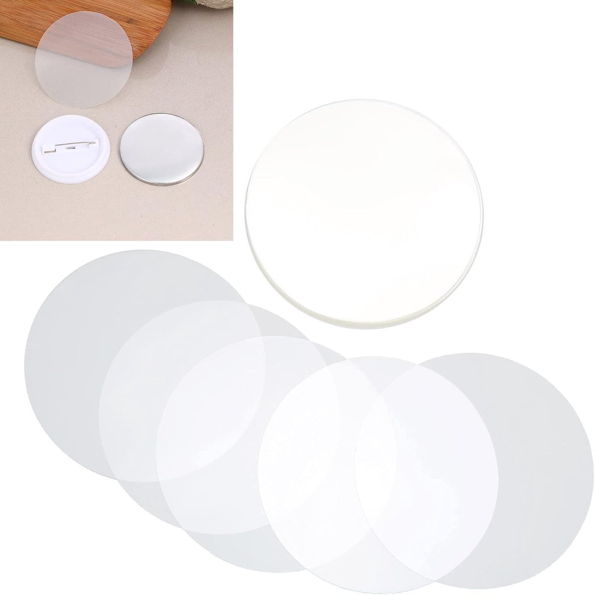 100 stuks badgefilm, ronde badgefolies transparant pvc-materiaal cirkel film afdekkingen patroonbescherming badge beschermfolie (25 mm)