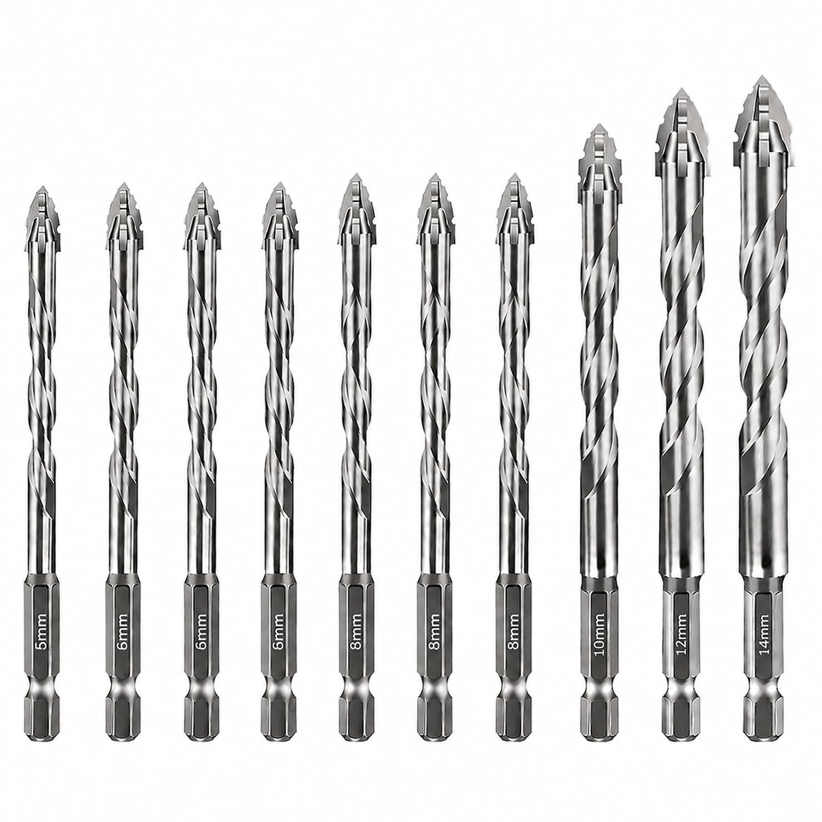 boorset, 10-delig, viersnijdende zaagtanden, excentrische boor 5-14 mm | 5/6/8/10/12/14 mm, zeer sterke boor, hardmetalen boor met 4 snijkanten, voor beton, glas, keramiek, hout, metaal, boren
