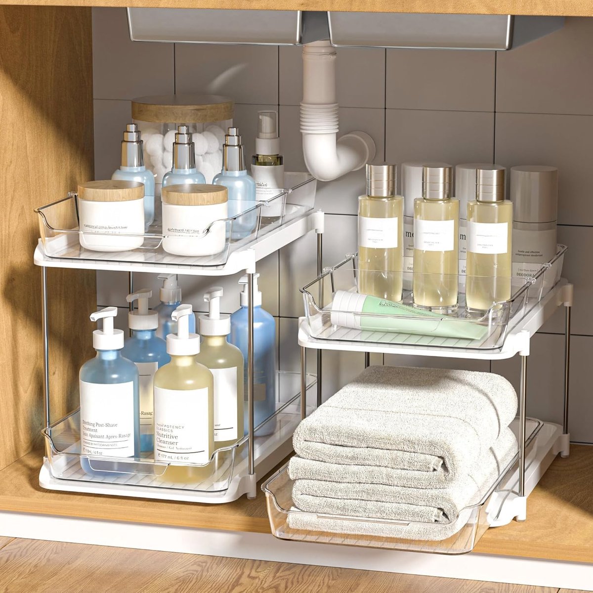 Onder Gootsteen Organizer Set van 2 - Uitschuifbare Lades met 8 Verstelbare Verdelers - Wit