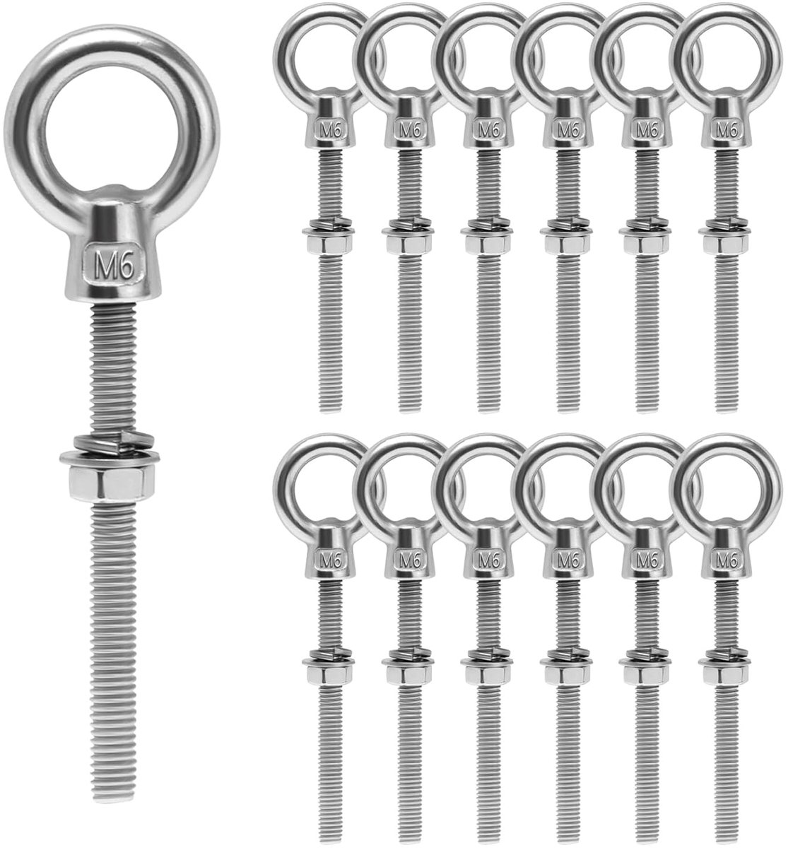 12 stuks ringschroef M6 x 60 mm met metrische schroefdraad | Met moer, sluitring, oogbout M6, oogschroef roestvrij staal, oogschroef lang, voor bevestiging en ophangen
