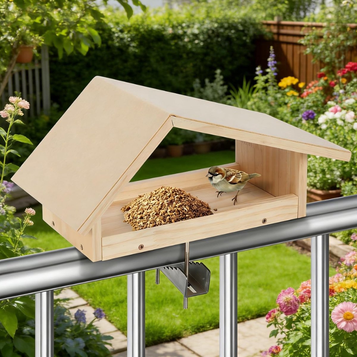 Vogelvoederhuisje voor balkon met roestvrijstalen houder, weerbestendig natuurlijk hout, voederdispenser, vogelhuisje voor balkonleuningen, eenvoudige montage