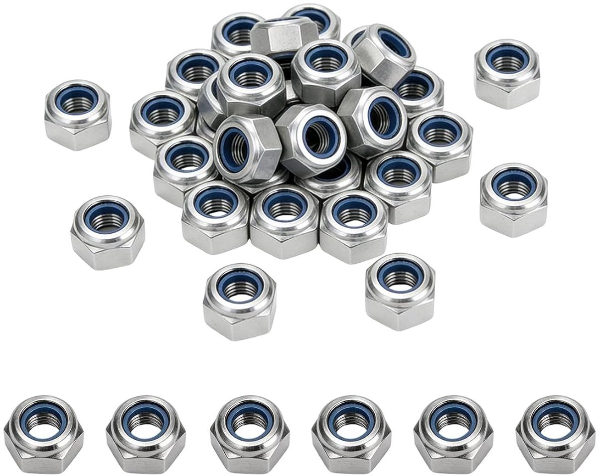 120 Stuks Zeskantmoeren M5, Zelfborgende Moeren DIN 985, Borgmoeren met Nylon Insert, Schroefmoeren Koolstofstaal voor Machinebevesting, M5, Zilver
