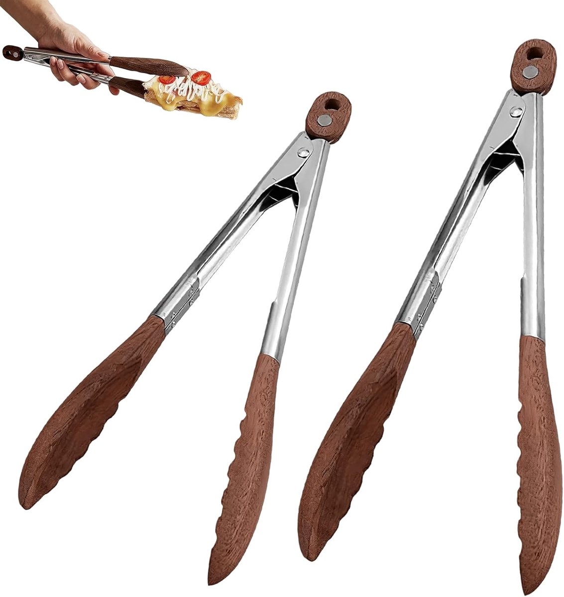 2 stuks keukentang hout, 30 cm tang keuken van notenhout met 39 cm houttang roestvrij staal robuuste barbecuetang hout voor barbecue saladebestek thuisrestaurant fruit brood