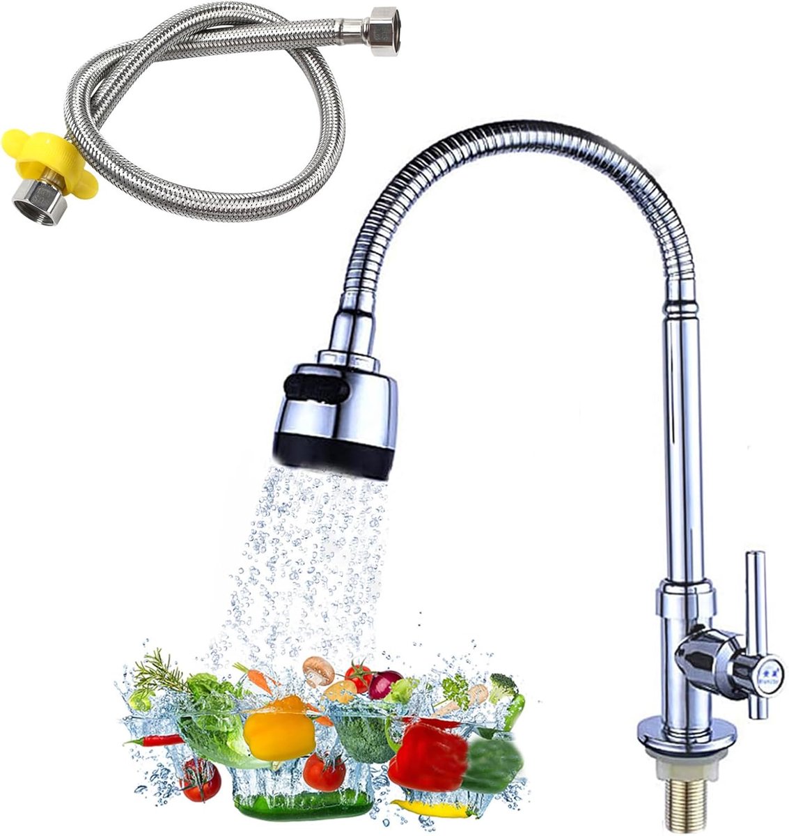 Keuken, kraan koud water met 60 cm aansluitslang | Wastafelarmaturen, keukenkraan, keukenkraan, 360° draaibaar, met bubbler en filterlaag (alleen koud water)