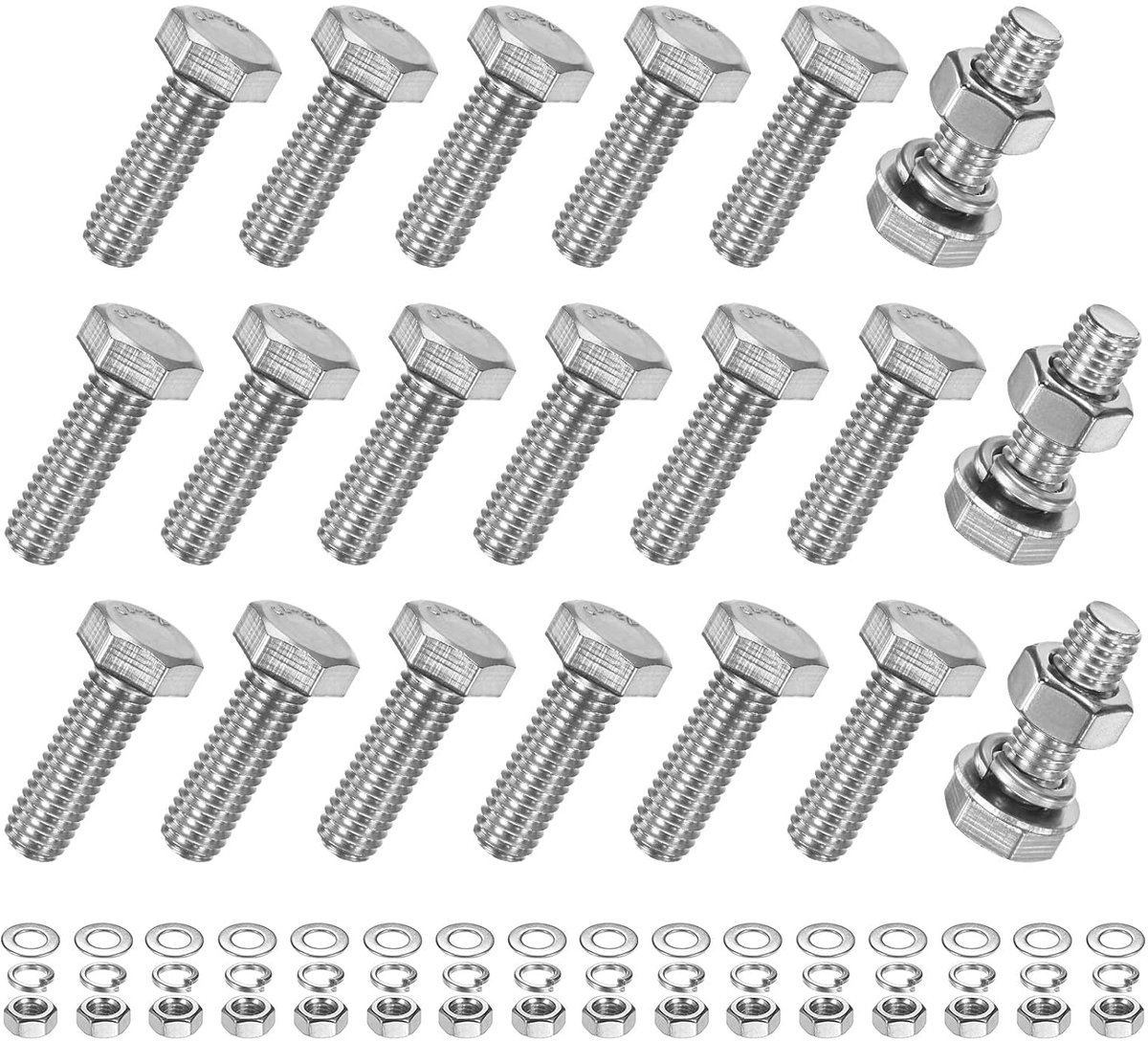 Set van 20 zeskantschroeven met platte en borgmoeren, M8 x 25 mm, roestvrij staal, complete set met metrische volledige schroefdraad
