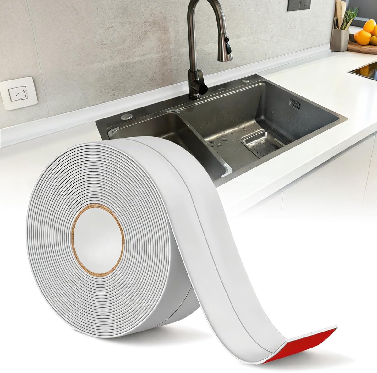 Afdichtingstape, 60 mm x 7 m, zelfklevend, grijs, afdichtingstape voor badkamer en keuken, geschikt voor gootstenen, wastafel, badkuip, toilet