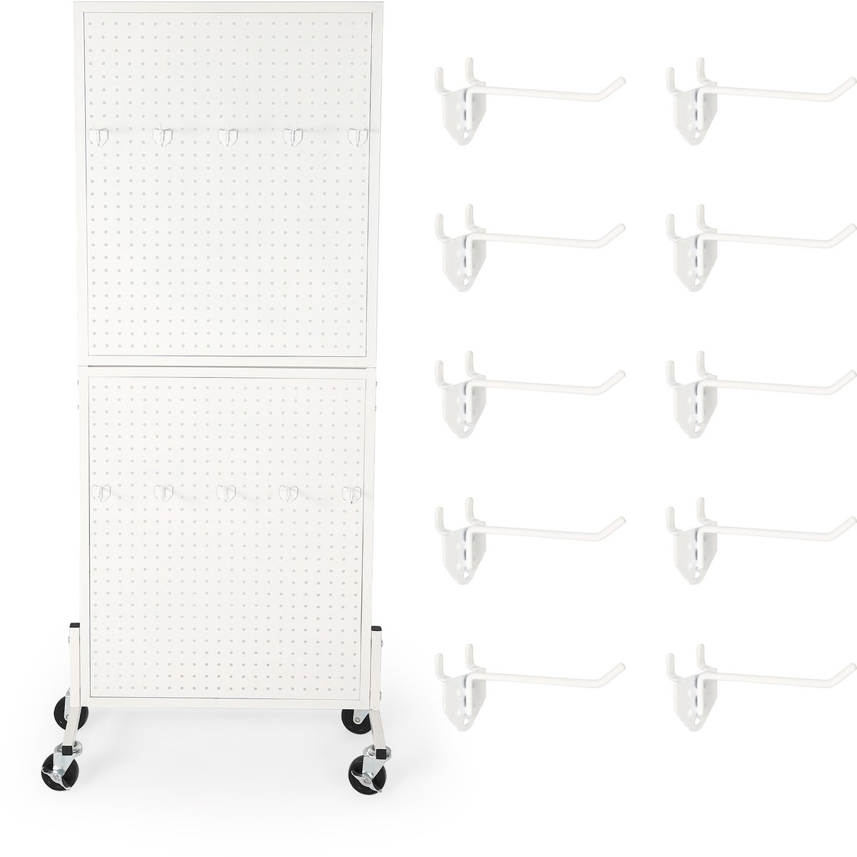 Danky - Dubbelzijdig Rollend Prikbord Stelling - Verstelbaar Modulair Metalen Displayrek met Vergrendelbare Wielen en 10 Haken voor Werkplaats Garage Winkel - 61x162cm - Wit