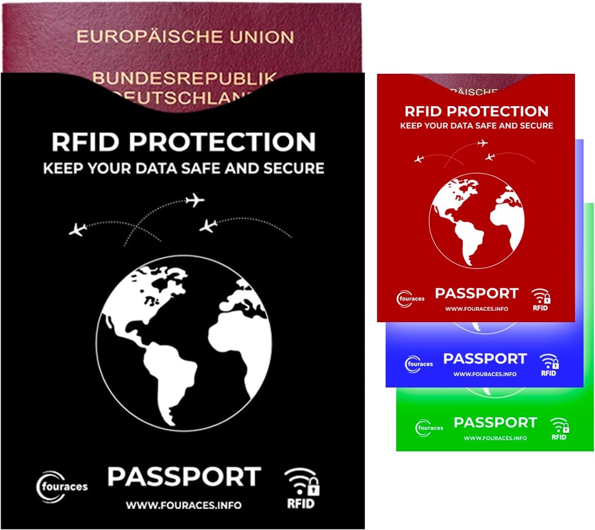 RFID beschermhoes set - 4 paspoorthoesjes - karton - data diefstal bescherming - overzichtelijke kleurcodering - SnelShoppen