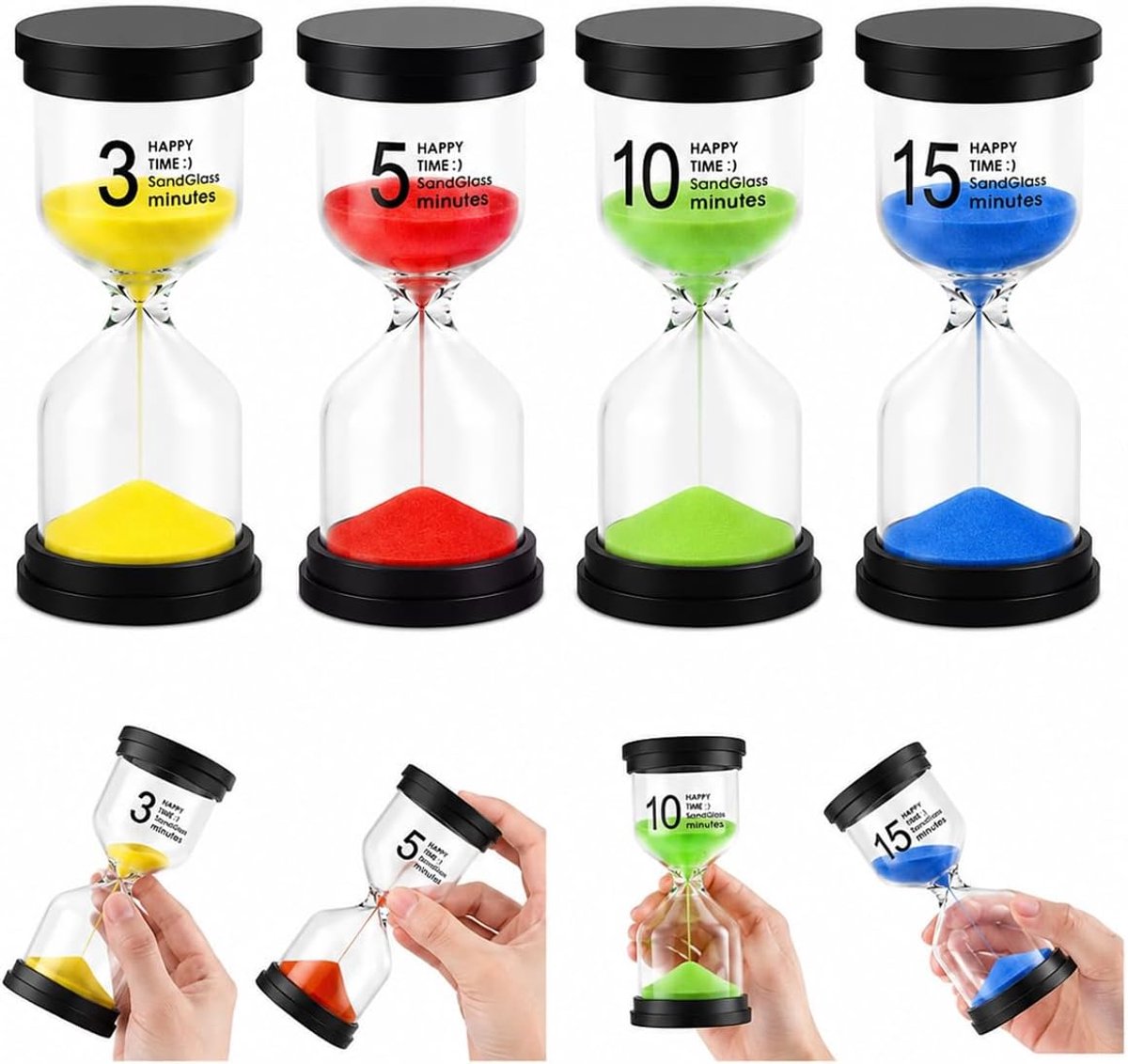 Zandloper voor kinderen 4 stuks - 3, 5, 10, 15 minuten - robuust design - ideale concentratietimer - SnelShoppen