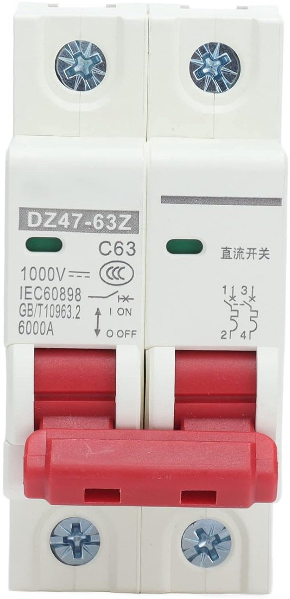 Circuitbreaker 2P 63A DC 1000V - Solar PV Installatie - DIN Rail Montage - Geschikt voor zonnepanelen - SnelShoppen