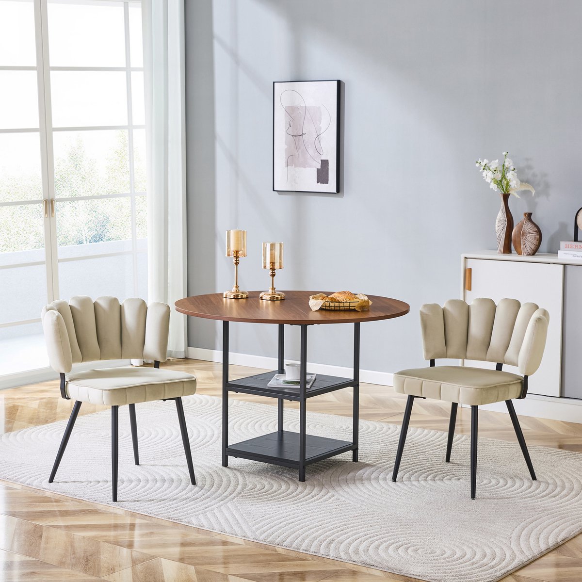 MODFU Ronde Eettafel Set - 2 Stoelen - Opbergplanken - Walnootlook - Metaal