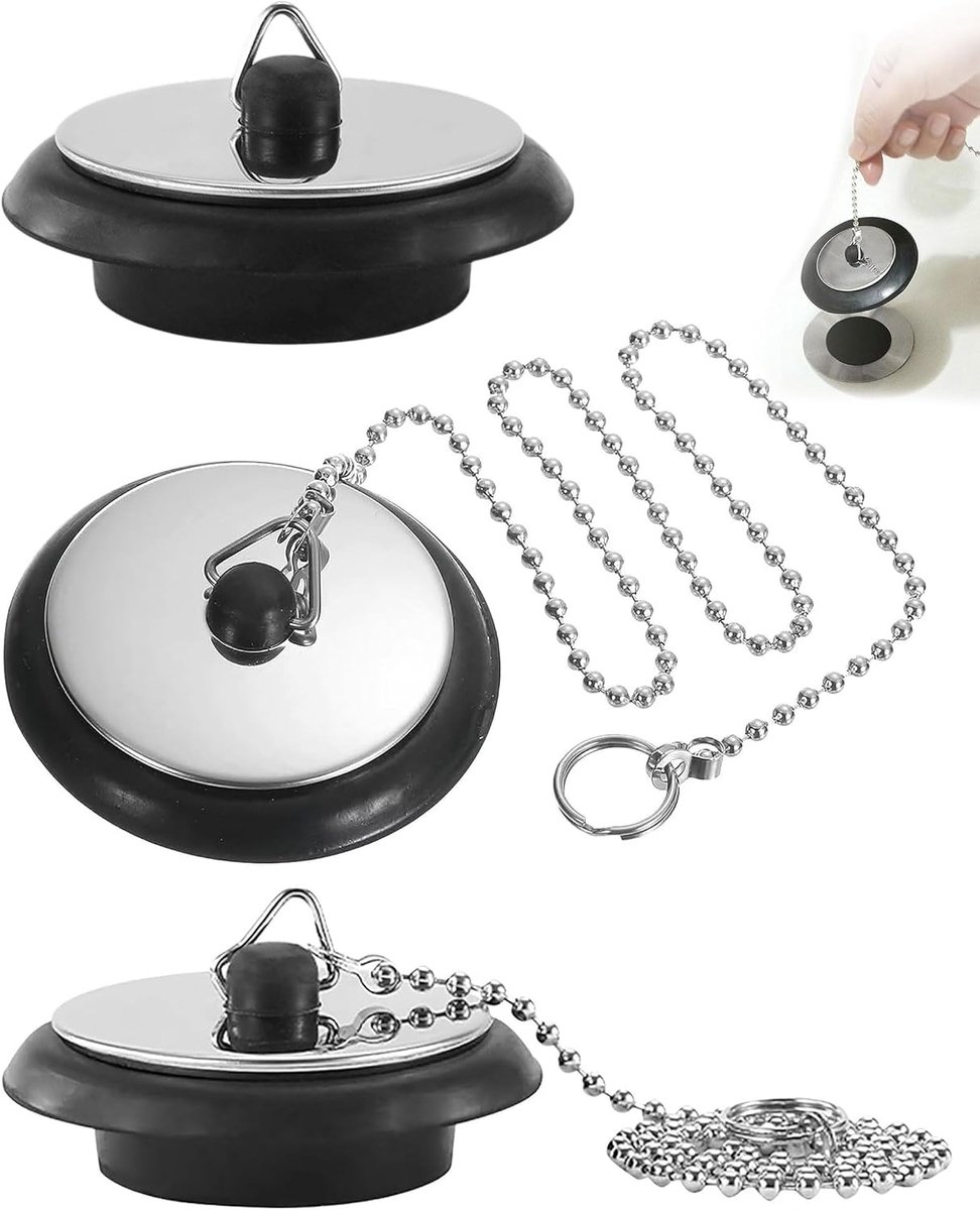 Afvoerstop 3-delig met 40 cm ketting - universeel rubber - duurzaam silicone - ideaal voor bad en wastafel - SnelShoppen