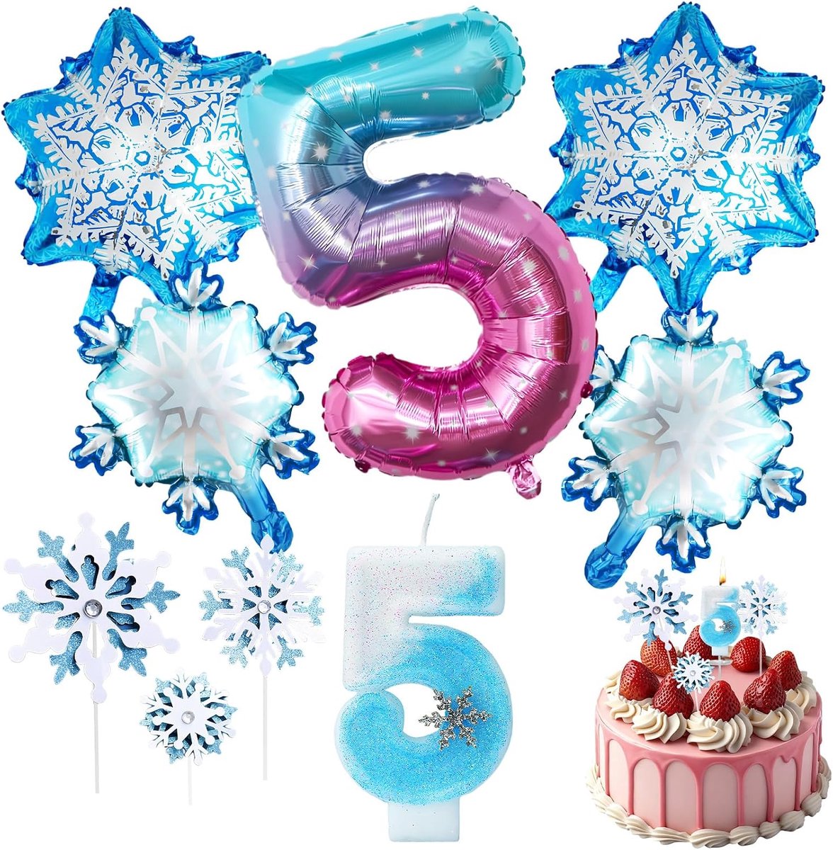 Verjaardagsdecoraties 5 Jaar - 9-delige Set - Sneeuwvlok Ballonnen - SnelShoppen