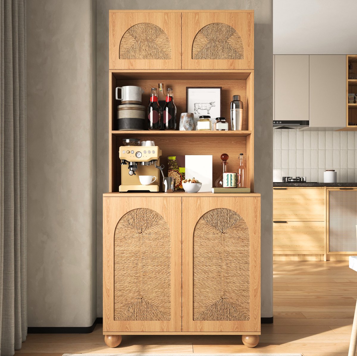 STILVORA Kast - Driedelige Opbergkast Met Gevlochten Deuren En Open Vak - Voor Woonkamer En Hal - MDF En Spaanplaat - 80x40x180 Cm - Naturel