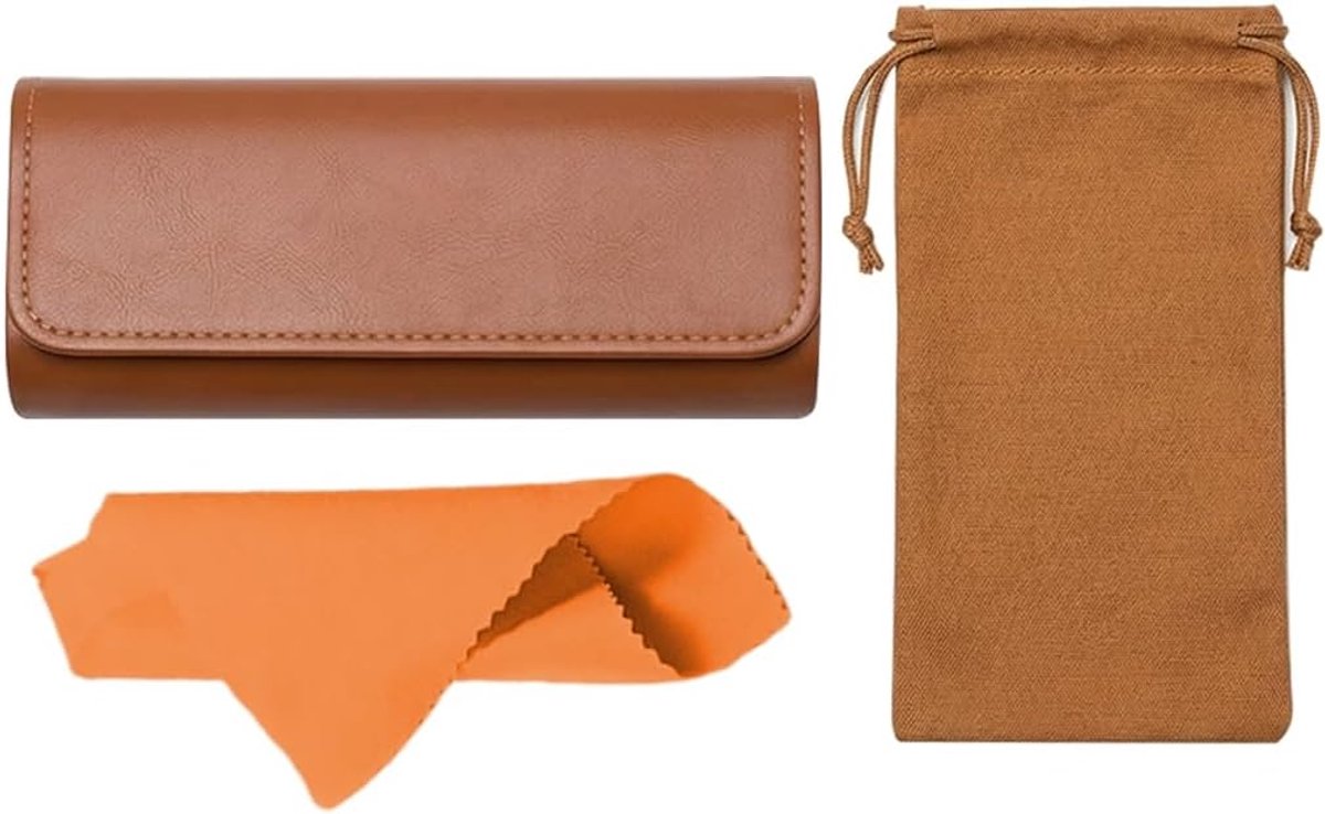 Harde hoes voor zonnebrillen 16 x 6,5 cm - bruin PU-leer - met poetsdoek en oogtas - beschermt je bril tegen krassen - SnelShoppen