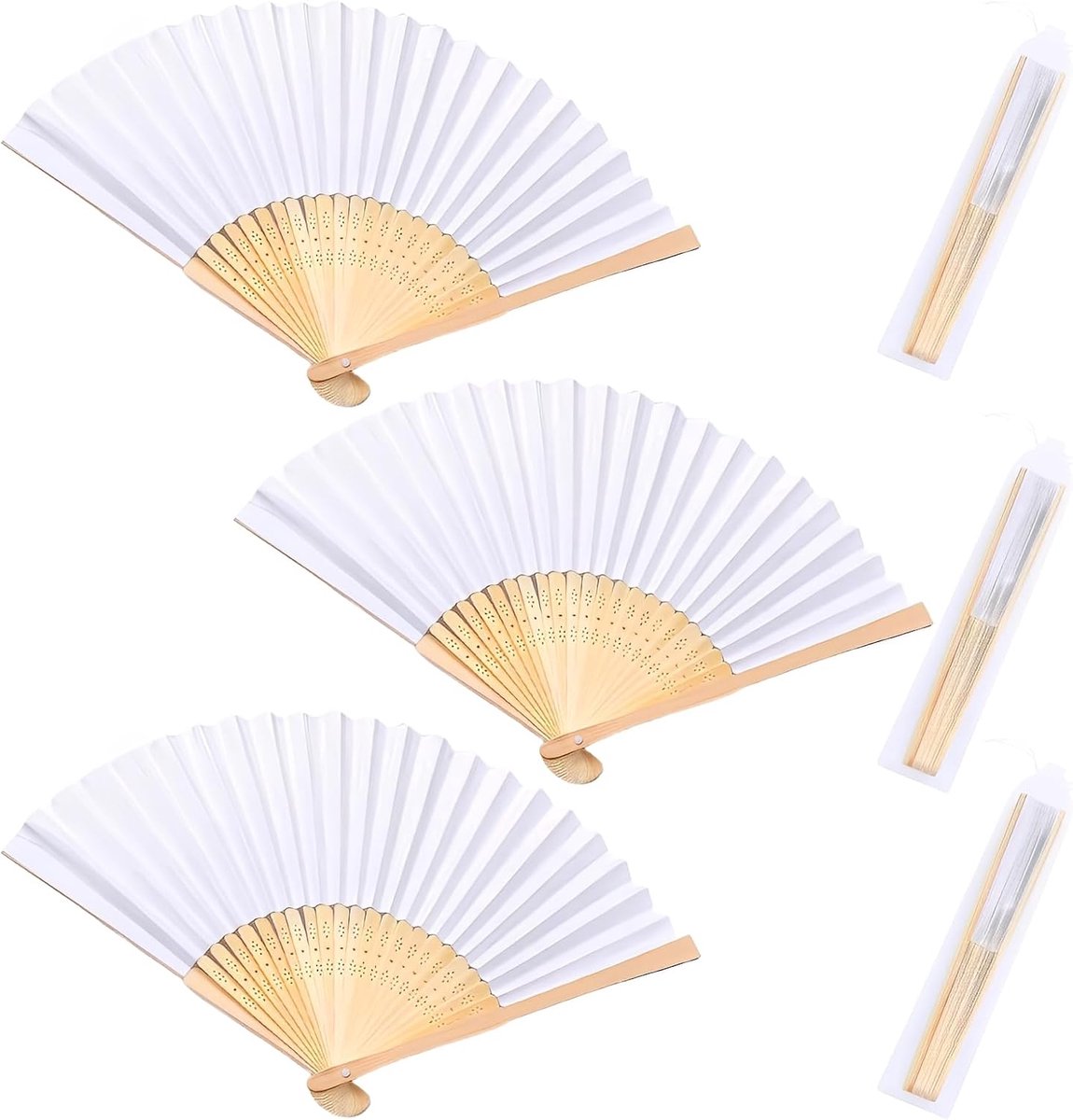 Handfan 3 Stuks Vouwbaar Wit - Zijden Stof - Elegante Decoratie - Perfect voor Bruiloft - SnelShoppen