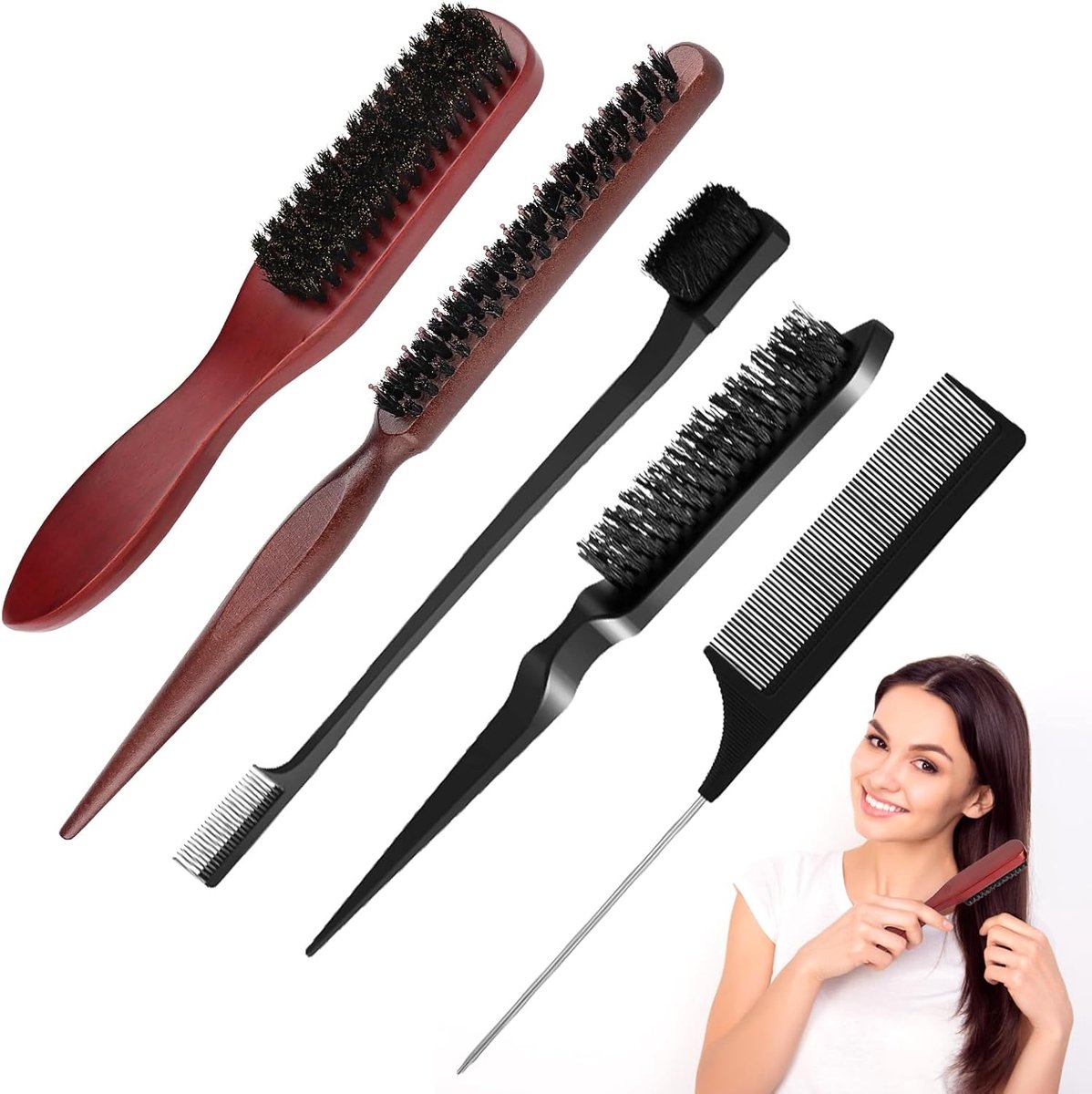 Haarborstel set 5 stuks - varkensharen borstel - voor lang krullend droog haar - ideaal voor styling - SnelShoppen