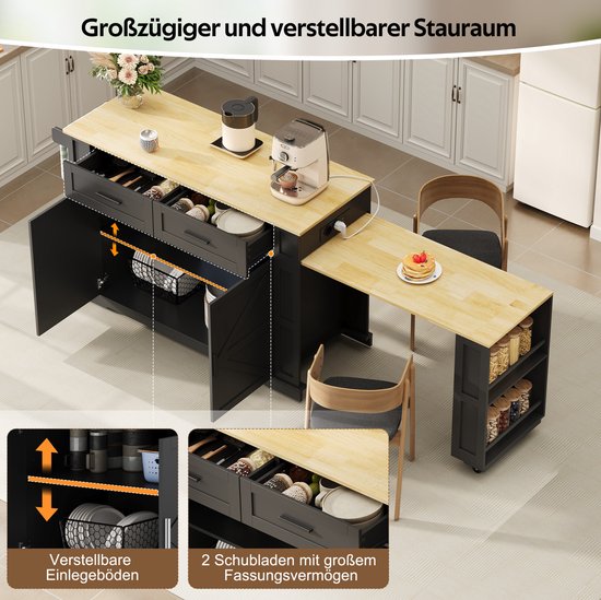 STILVORA Keukeninsel - Uittrekbaar Werkblad Met Stopcontact En Usb - Veel Opbergruimte Voor Keuken En Eetgedeelte - MDF - Zwart En Eikenlook - 130x50x93 Cm — afbeelding 5
