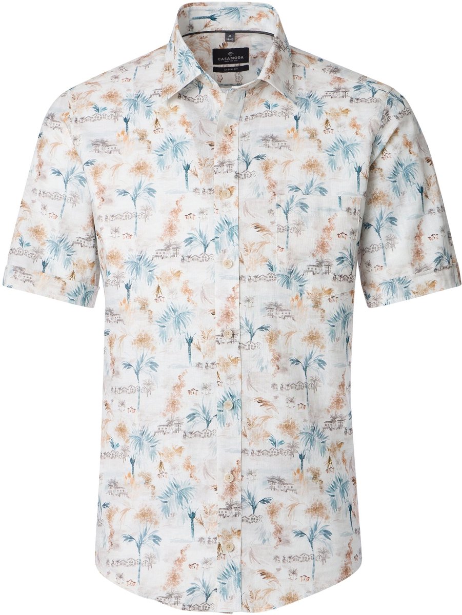 CASA MODA Sport casual fit overhemd - korte mouw - chambray - wit met bruin en blauw dessin