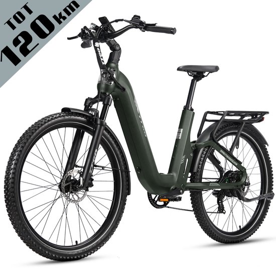 Groene TTGO elektrische fiets met dikke banden, verende voorvork, bagagedrager en "TOT 120KM" tekst.